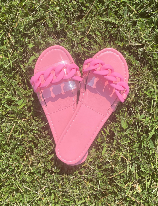 "Naomi" Slides - Pink Chain Sandals With Clear Strap