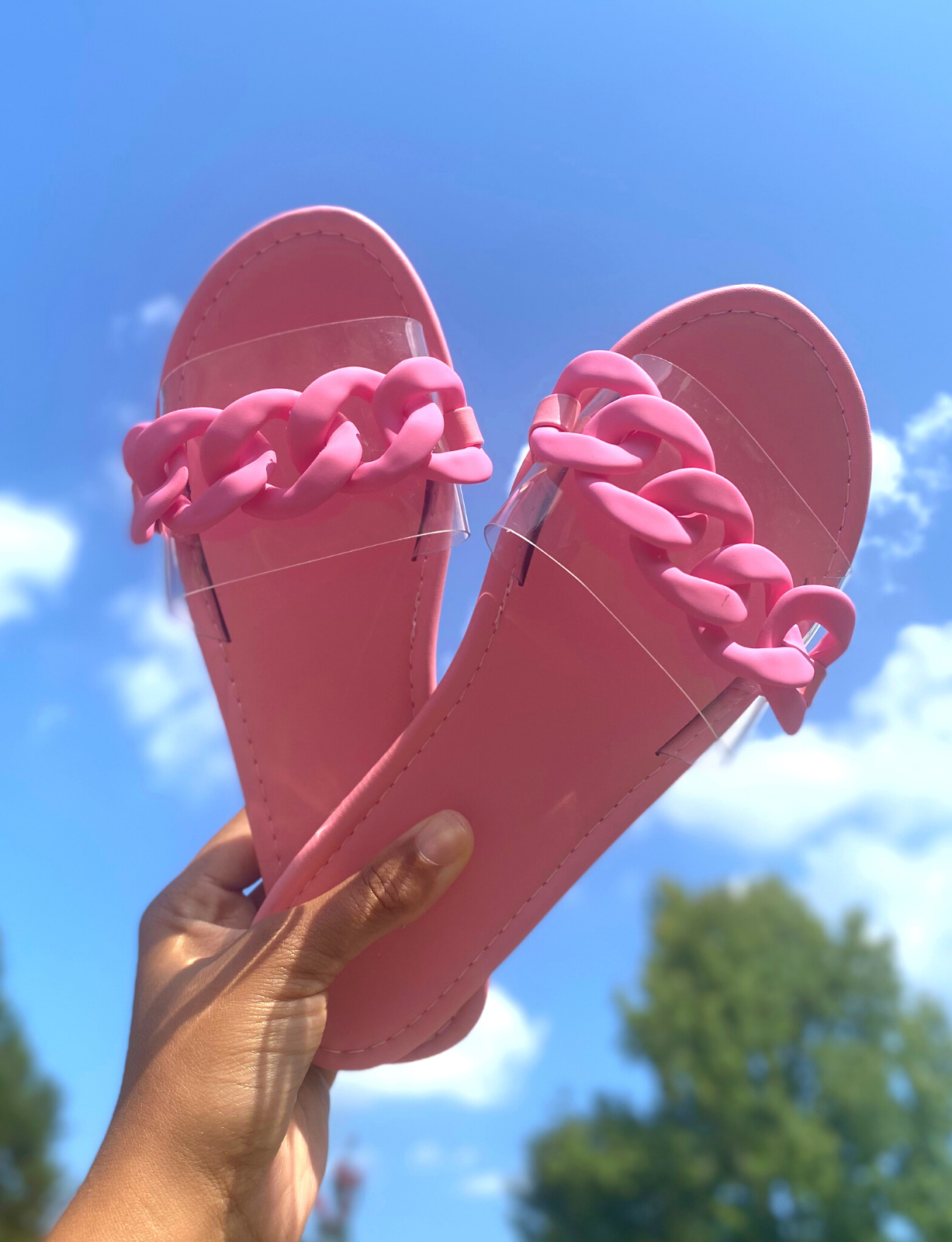 "Naomi" Slides - Pink Chain Sandals With Clear Strap