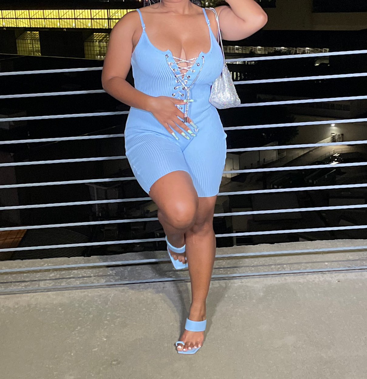 "Girls Night" Romper - Light Blue Biker Short Romper