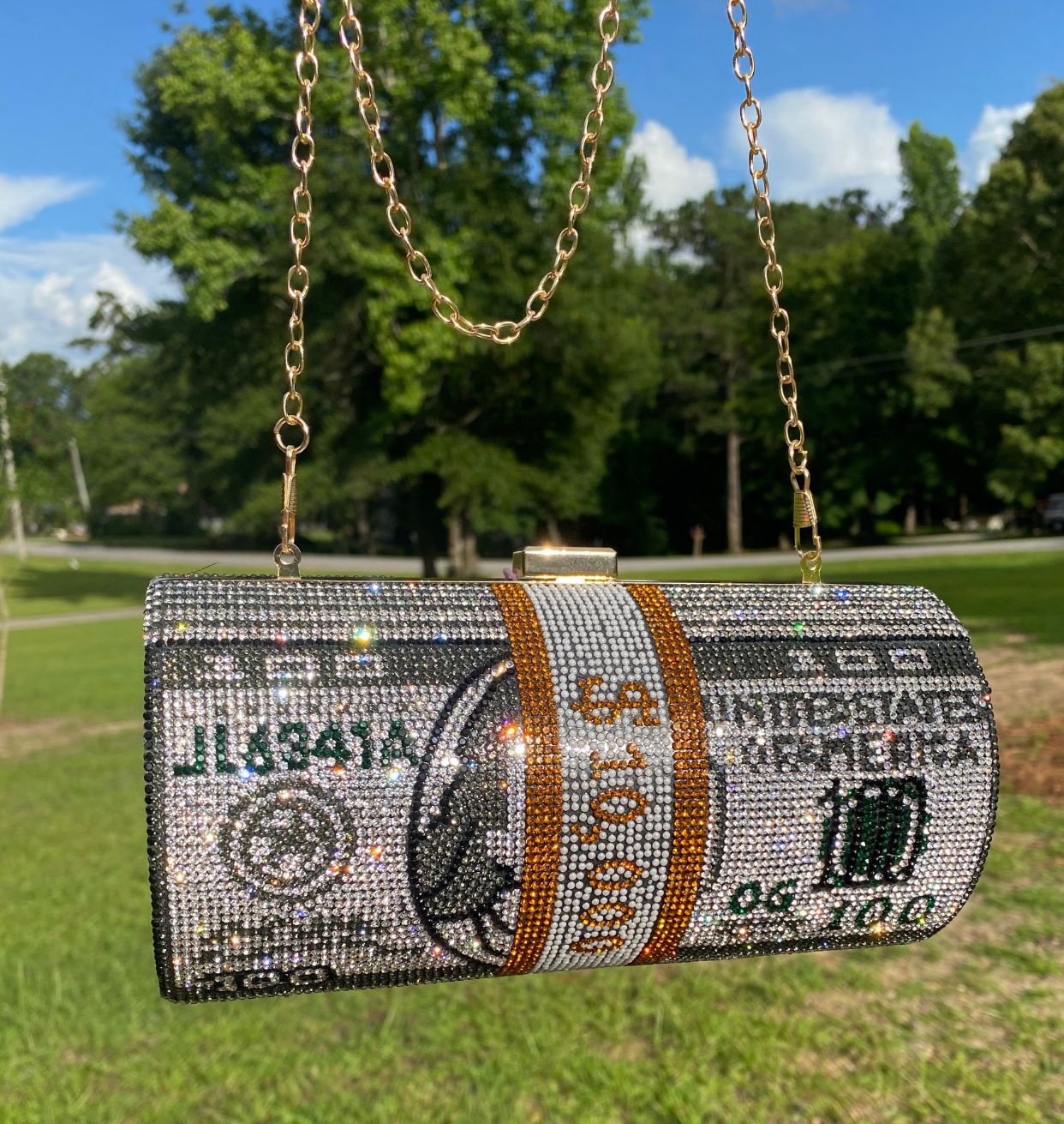 "Bills" Purse - Silver $10,000 Money Cylinder Rhinestone Purse