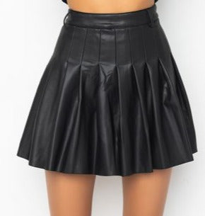 ECLIPSE | BLACK PLEATED VEGAN LEATHER MINI SKIRT HIGH WAIST